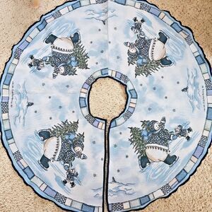 Heidi Satterberg Snowman Tapestry Christmas Tree Skirt Blue White Ice Skating